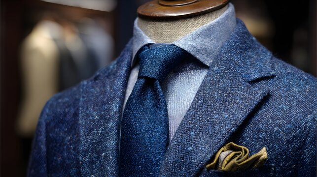 Detailed view highlights textured blue tweed sport coat displayed on a tailor's dummy