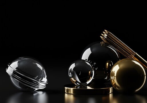 A dramatic, close-up composition showing multiple gleaming, polished luxury objects resting on a reflective, dark surface, signifying modern affluence ,fortune ,opulence ,metal