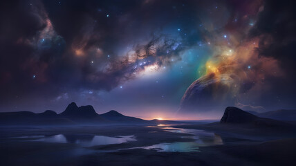 Vibrant cosmic alien landscape illustration featuring a colorful nebula and distant planet at dawn over reflective waters