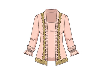 Pink blouse  top Scalloped gold trim edges open jacket Ruffled 34 sleeves