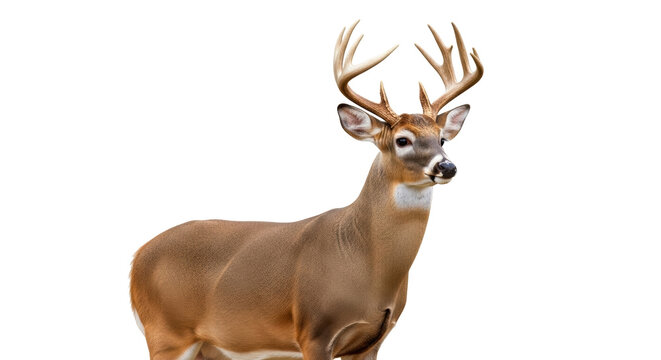 Isolated buck with velvet antlers standing, looking at camera, animal wildlife outdoors