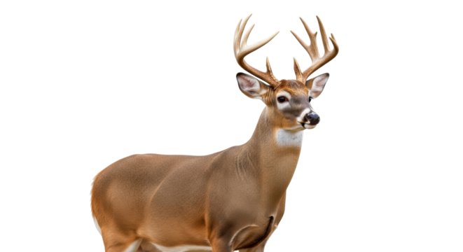 Isolated buck with velvet antlers standing, looking at camera, animal wildlife outdoors - Powered by Adobe