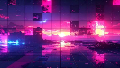 Pixelated sunset over water, rendered in vibrant pink and blue, with reflections and a tiled grid effect