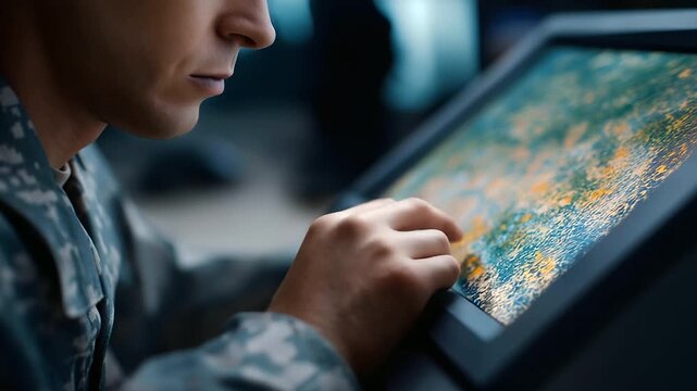 Soldier operating high-tech monitor with defocused drone imagery, faceless military technology, surveillance visualization detail, blurred screen background, capabilities concept,