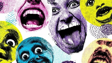 Funny pop art style emoji faces in halftone texture