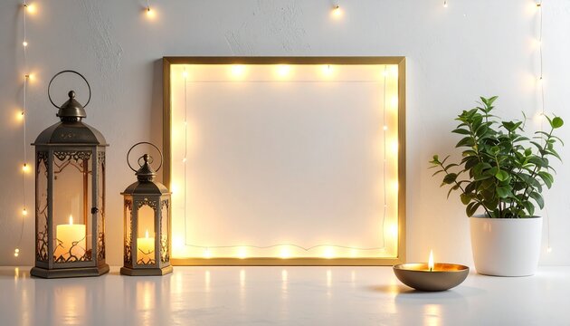Festive illuminated empty frame with decorative lanterns and a plant, perfect for holiday or event invitations and greetings