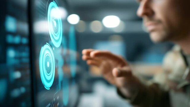 Soldier operating high-tech monitor with defocused drone imagery, faceless military technology, surveillance visualization detail, blurred screen background, capabilities concept,