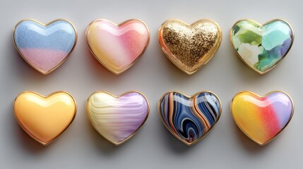 Fototapeta premium Decorative hearts, glamorous, with glitter and patterns, for love and romance, on a grey background