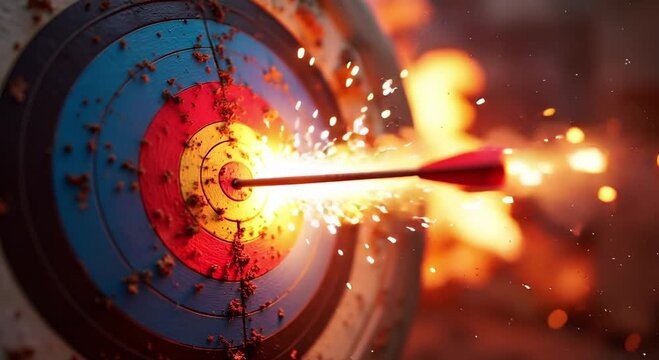 Dramatic Close-up of Arrow Striking Bullseye on Archery Target with Sparks and Intense Fire Background