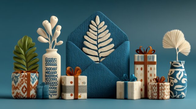 Gift boxes and envelopes, artistic, with botanical accents, in a serene blue setting