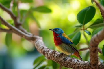 Obraz premium Colorful bird perched on a leafy branch with a softly blurred green background