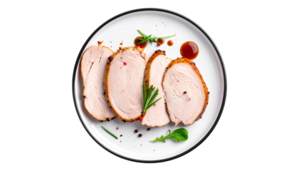 Juicy sliced turkey breast with fresh herb garnish. Perfect food image for menus, holiday designs, cooking blogs, and restaurant branding.