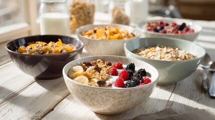 Colorful cereal assortment displayed in bowls with berries, nuts, and yogurt on a clean surface