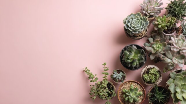 Colorful arrangement of rosette and spiky succulents in a pink-toned banner layout