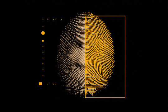 Fingerprint graphic with biometric data and security concept on black background. graphic shows a fingerprint split in two with a yellow and black color scheme, representing security and identity. - Powered by Adobe