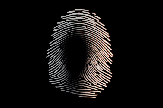 Fingerprint graphic with biometric data and security concept on black background. graphic shows a fingerprint split in two with a yellow and black color scheme, representing security and identity.