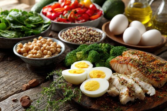 Colorful high-protein meal spread featuring seafood, poultry, eggs, nuts and vibrant vegetables