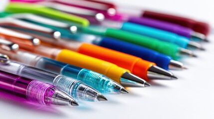 Colorful pens on white background in a close-up still life