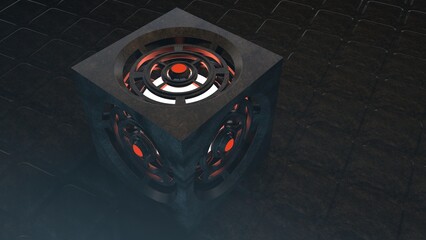 3d rendering of a abstract and stylish science fiction horror themed cube object with glowing lights in a dark and misty environment
