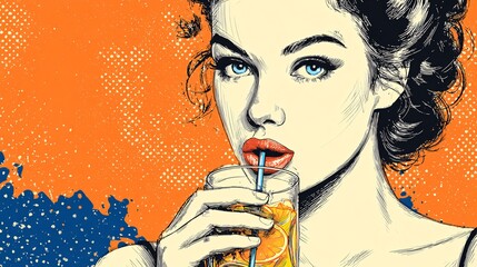 Pop art portrait of woman drinking cocktail in halftone