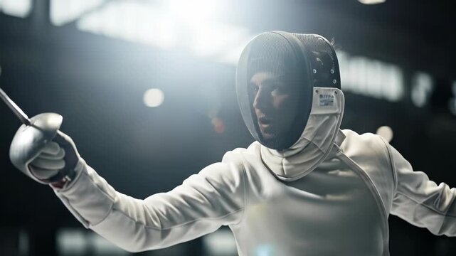 Male fencer in action, sword extended in dynamic sport competition. Fencing athlete in protective gear with weapon during match.