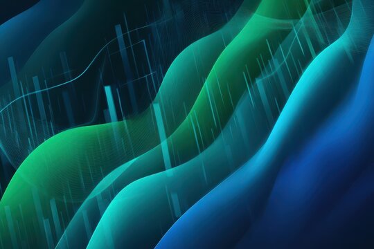 Conceptual financial background with oscillating lines, bar forms, and glow effects