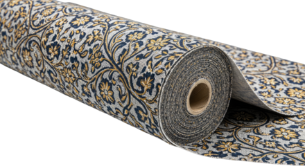 A Roll of Fabric Unfurling Showing a Detailed Intricate Pattern of Golden Floral Motifs on a Dark Blue Background with a White Core and a Textured Surface Under Studio Lighting
