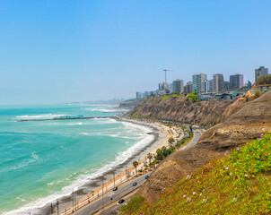 Panoramic view of La Costa Verde in Miraflores, Lima, Peru.