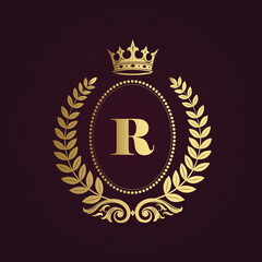 Golden crest with letter r, laurel wreath, and ornate details on a deep purple background