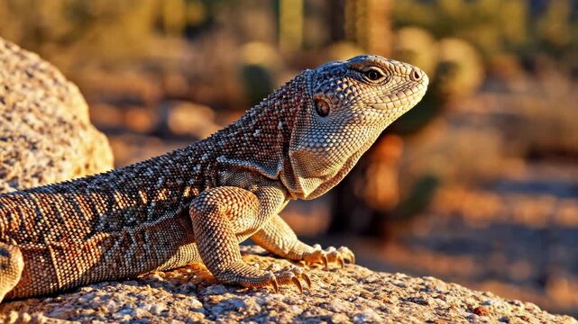 Desert lizard with intricate scales basks on sun-warmed rocks. Golden hour light illuminates this resilient reptile thriving peacefully in rugged arid habitat