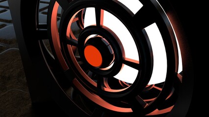 3d rendering of a abstract and stylish science fiction horror themed cube object with glowing lights in a dark and misty environment