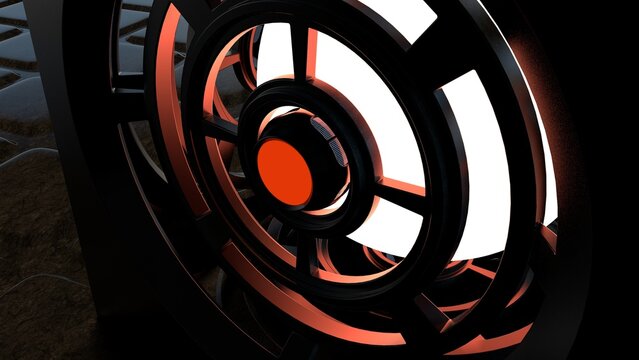 3d rendering of a abstract and stylish science fiction horror themed cube object with glowing lights in a dark and misty environment