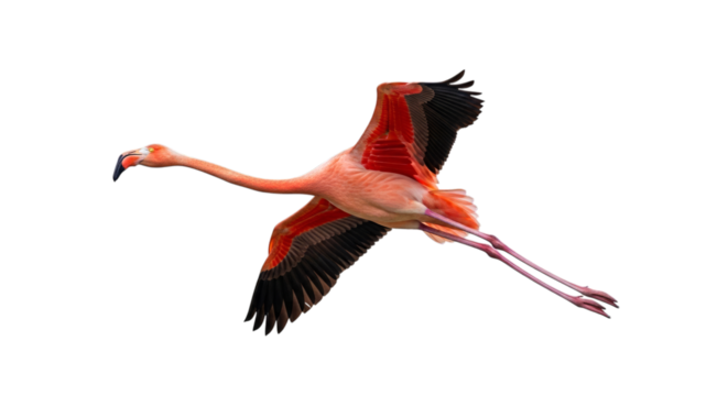 Flamingo flying wings spread isolated avian fauna exotic on transparent background