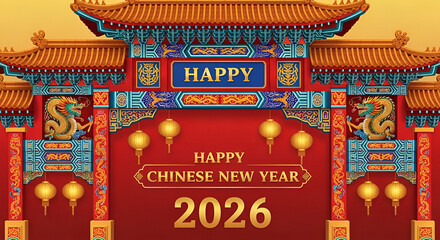 Happy chinese new year 2026 ornate red traditional entrance gate with golden decorations holiday banner