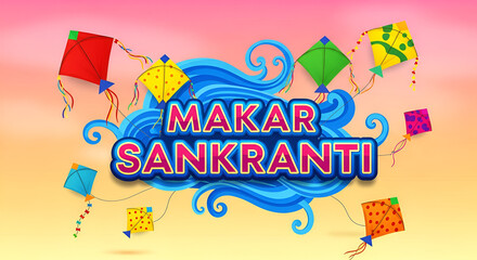 Vibrant Makar Sankranti celebration with colorful kites against a sunrise sky - design for festive greeting cards and posters