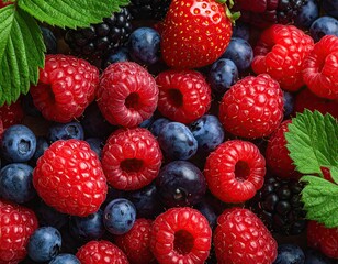 Closeup of Red Raspberries Blueberries Blackberries and Green Leaves