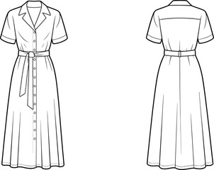 Fashion flat sketch, short sleeve shirt dress with belt, button front midi dress design, vector technical drawing, women’s apparel template illustration