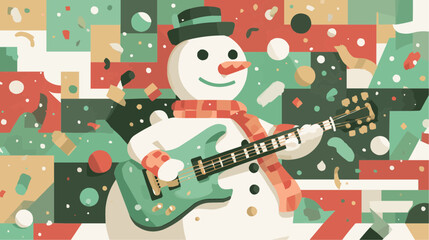 Snowman playing  guitar at Christmas party, flat naive vector in red, green and gold palette. Part of the Holiday Party Characters series  