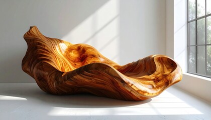 Abstract wooden chair with organic curves and natural wood grain, a unique piece of furniture art