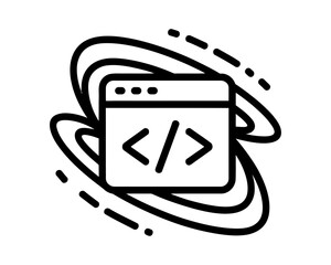 Web development design outline. Browser window with coding brackets tag symbol & dynamic orbit lines