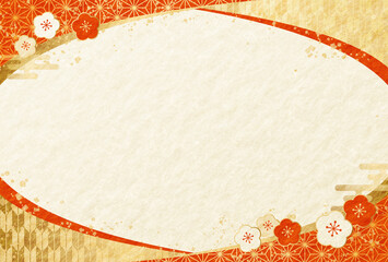 高級感のある 和柄 梅 曲線フレーム 和紙の背景 正月 新年 年賀状 2026年