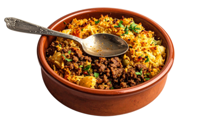 Bowl of savory stuffing with serving spoon, perfect for Thanksgiving, holiday meals, food blogs, menus, and cozy kitchen-themed designs.