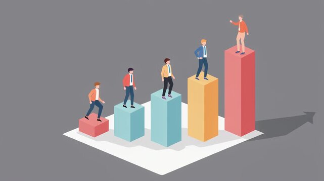 Illustration of business growth and career advancement, depicted by individuals ascending a bar graph representing success and achievement