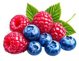 Lush red raspberries and plump blue blueberries with green leaves