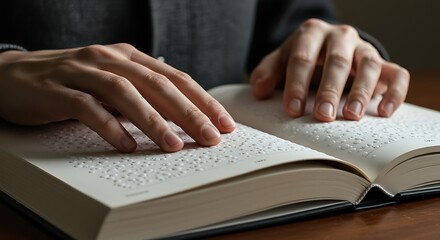 Hands reading braille on an open book in a library, focusing on accessibility and inclusion, symbolizing hope and knowledge.