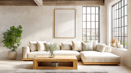 Moderne, lichtdurchflutete Loft-Szenen mit klaren, gro&szlig;en Poster-Mockups an neutralen W&auml;nden. Weite R&auml;ume, nat&uuml;rliche Materialien und dezente Deko