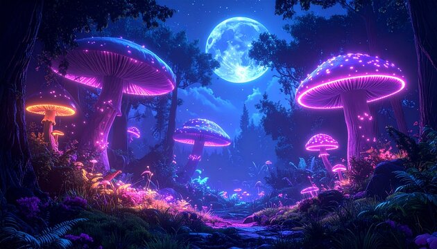 Vibrant fantasy landscape of a magical forest at night with giant glowing bioluminescent mushrooms under the light of a full moon