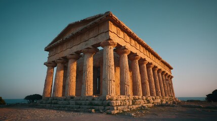 Obraz premium Ancient Doric temple structure stands illuminated by warm evening sunlight near the ocean