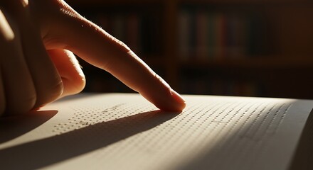 Finger traces braille text on a book in a library, highlighting accessibility and the importance of inclusive reading materials with warm lighting.