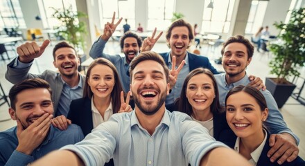 Enthusiastic Business Team Taking Selfie in Modern Office